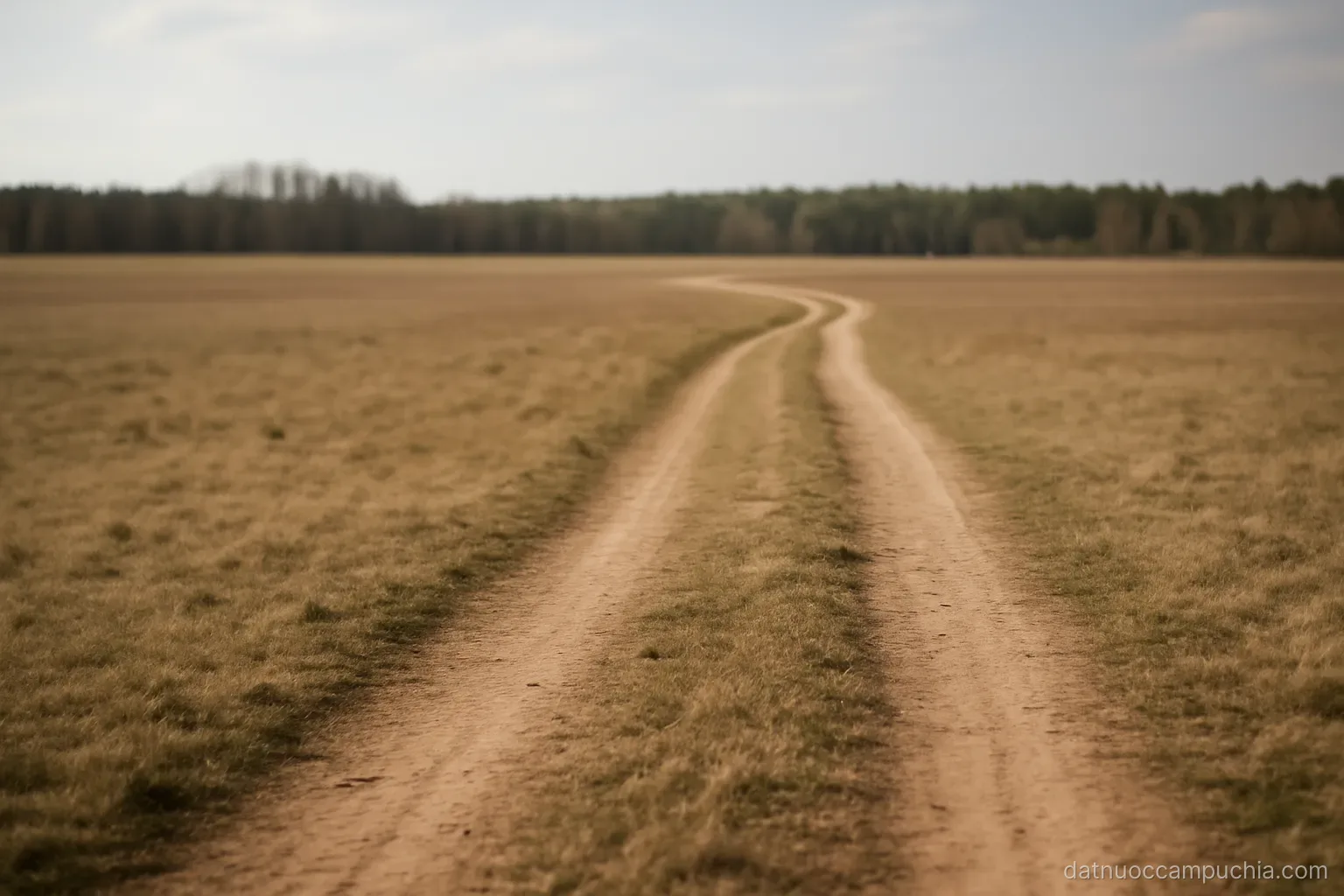 a flat open plain stretching to a distant treeline with a single dirt track crossing it