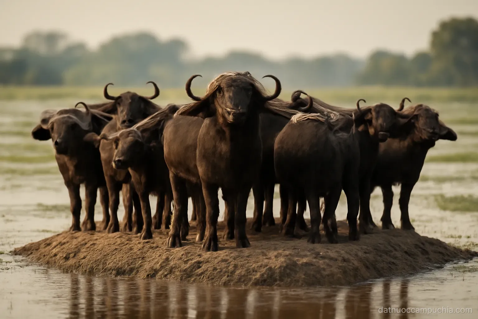 a herd of buffalo standing on a raised earthen mound surrounded by flooded flat land