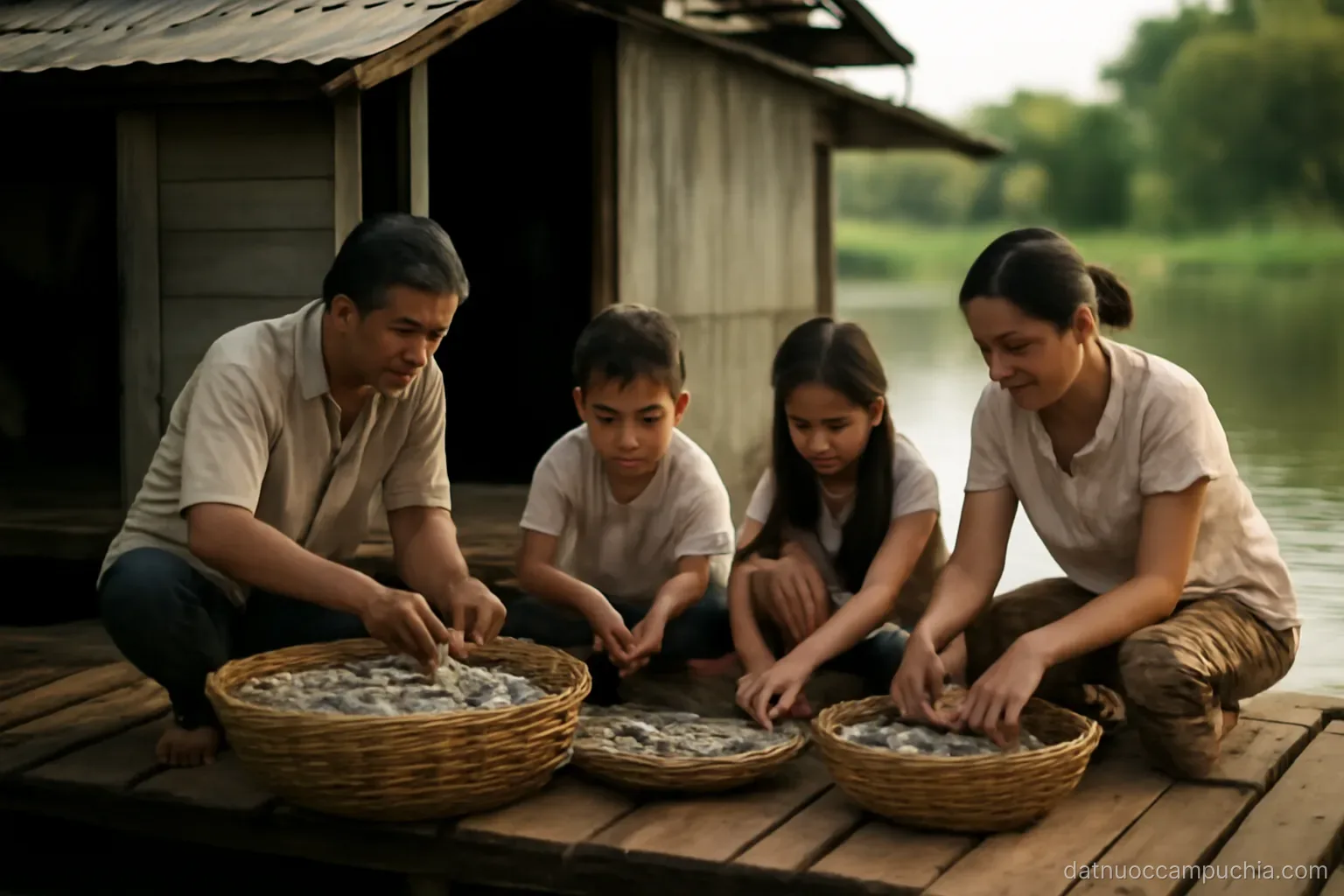 a family sorting the day catch into baskets on a wooden platform beside their floating home