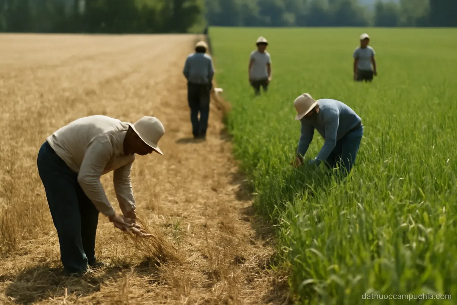 a field half harvested and half still green with workers spread across the dividing line
