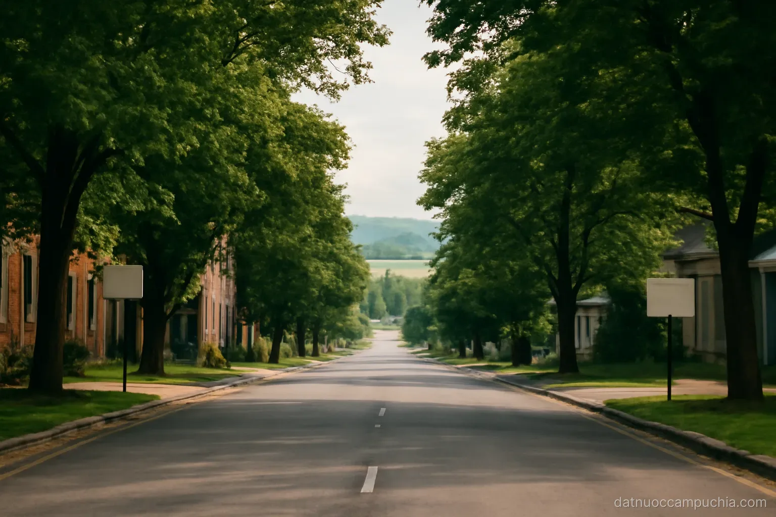 a low-rise town street lined with trees leading toward open fields and water in the far distance