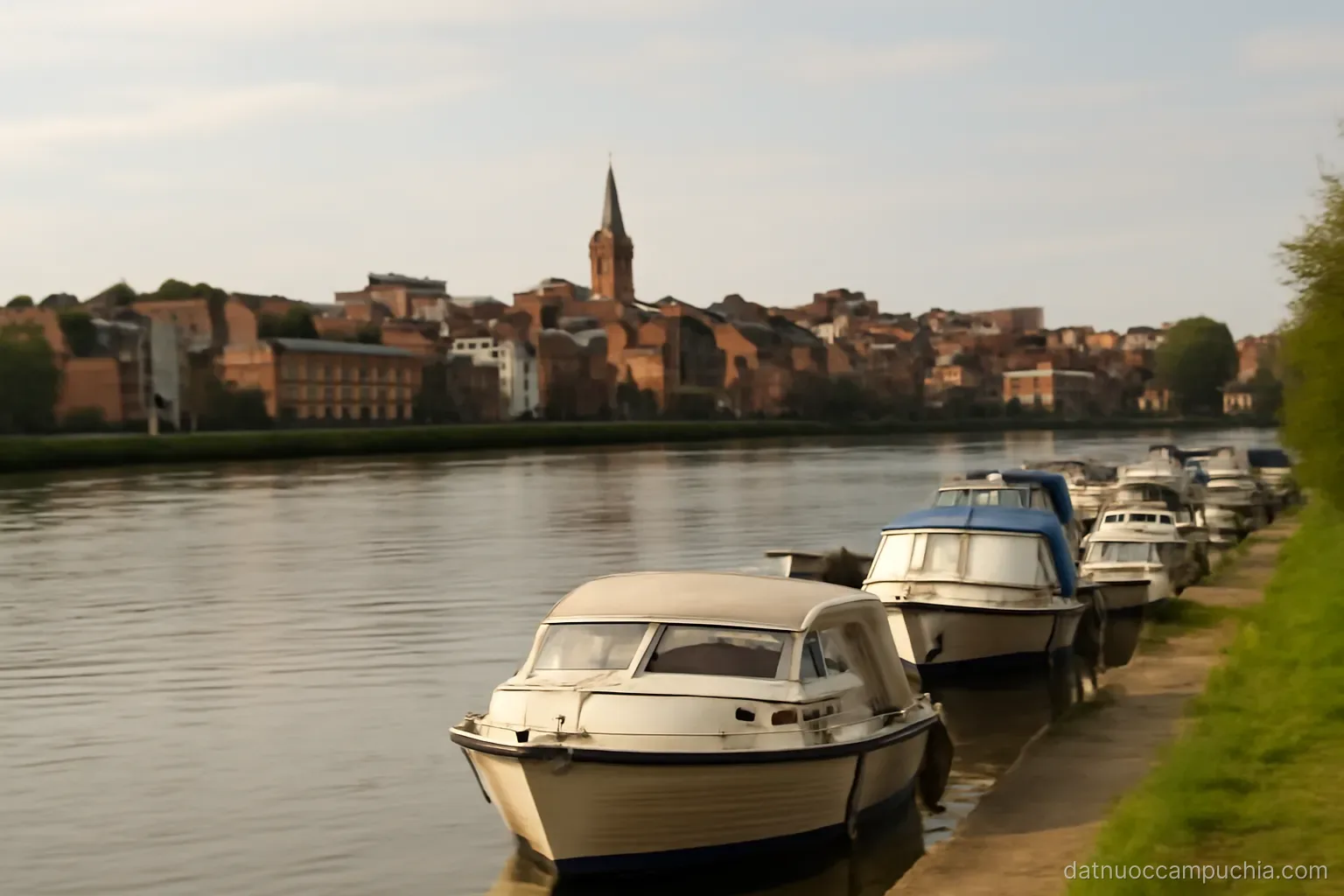 a low town skyline seen across a wide river with boats moored along the near bank