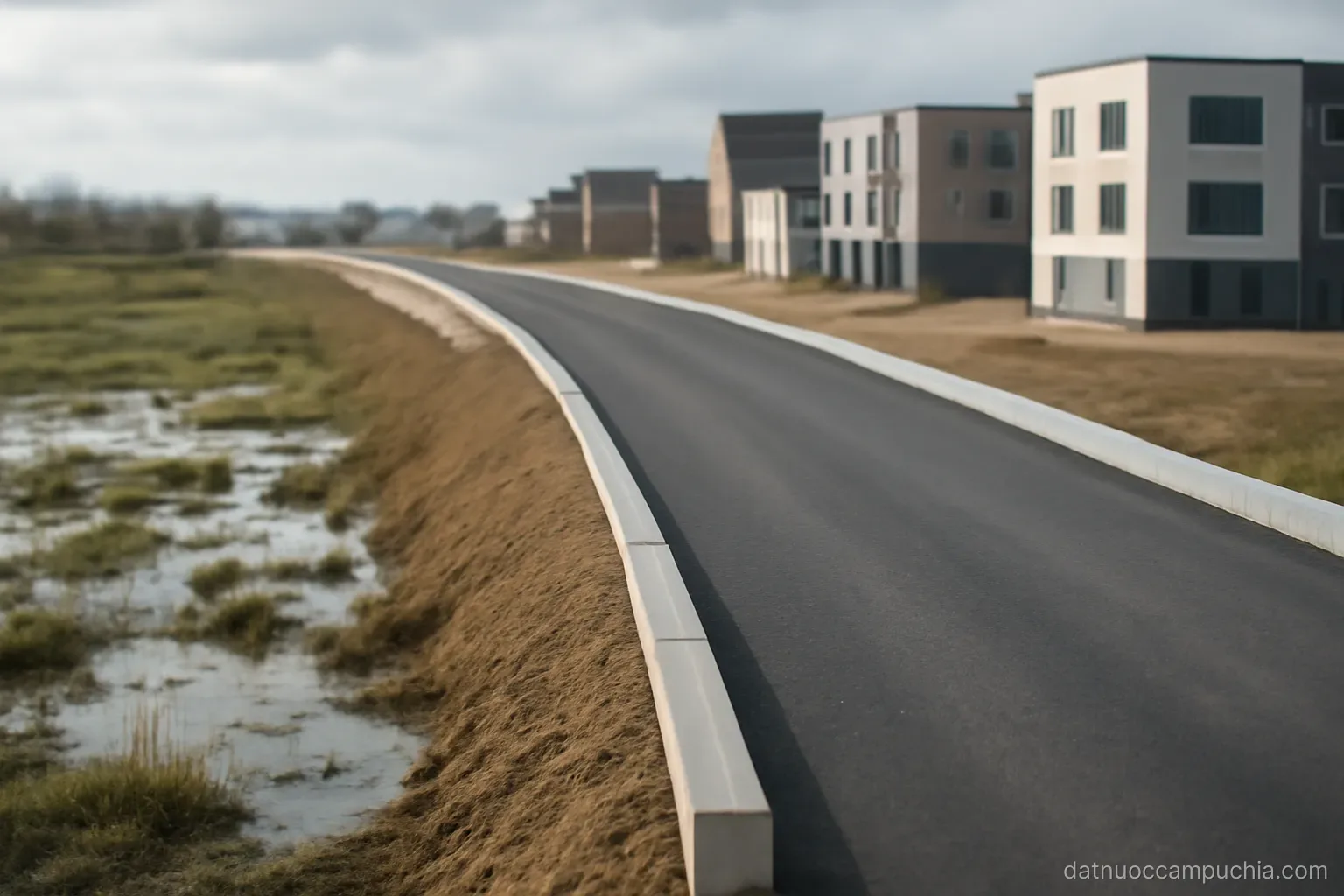 a raised roadbed built across low wet ground with newer buildings on the filled side