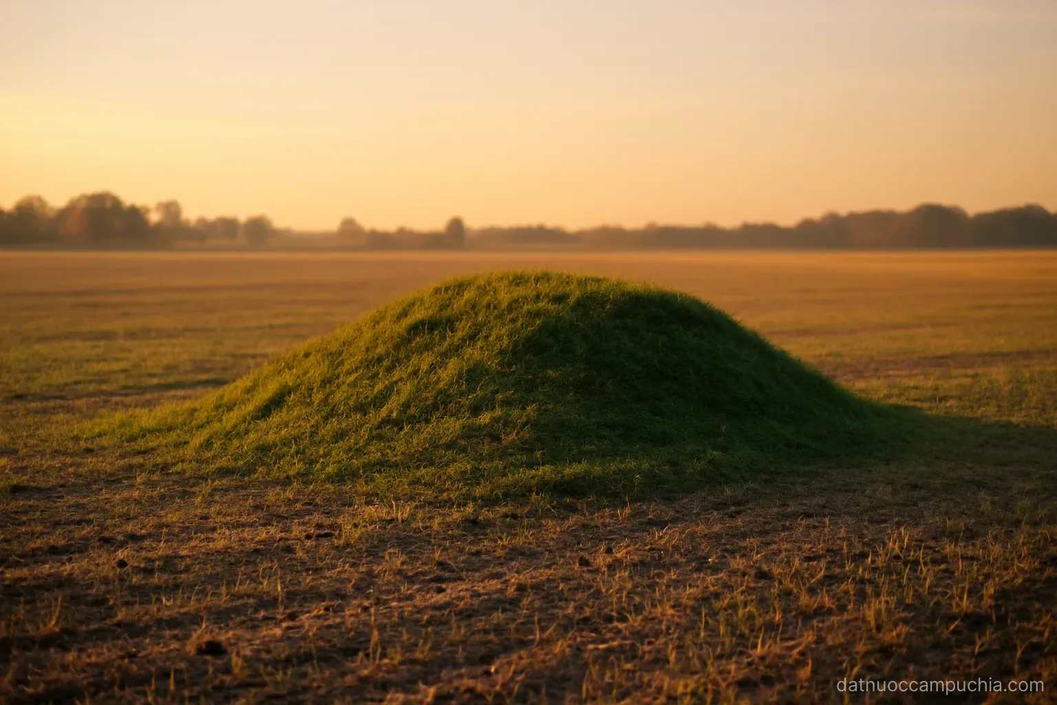 a low grassy mound with straight edges rising slightly above flat farmland at golden hour