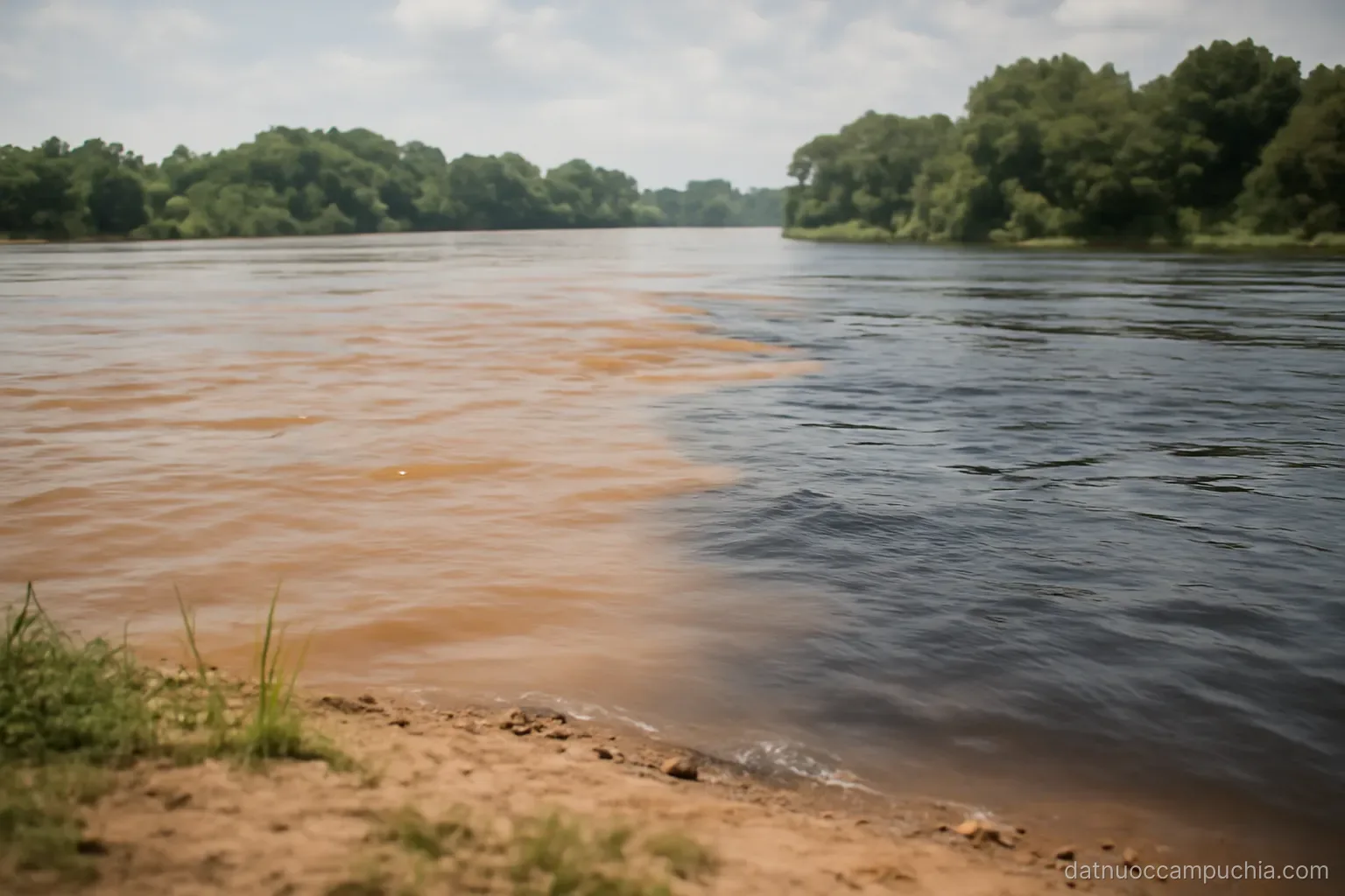 a wide brown river meeting a larger river at a confluence seen from a low riverbank in soft daylight