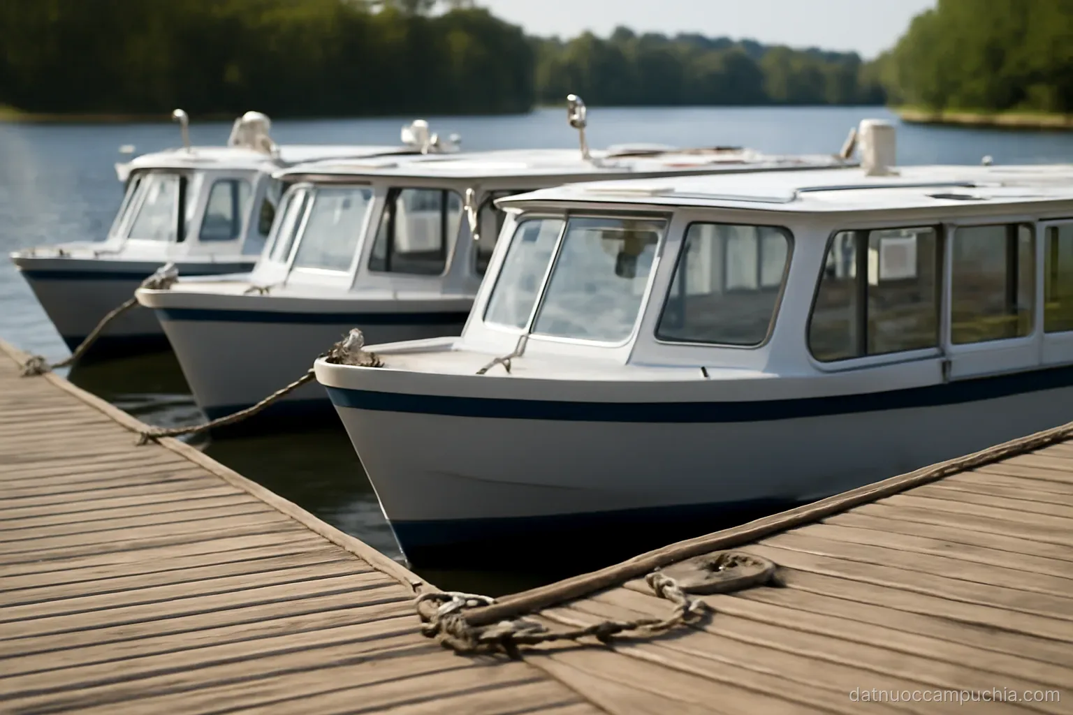 a row of parked tour boats tied at a wooden pier with no passengers in the late morning