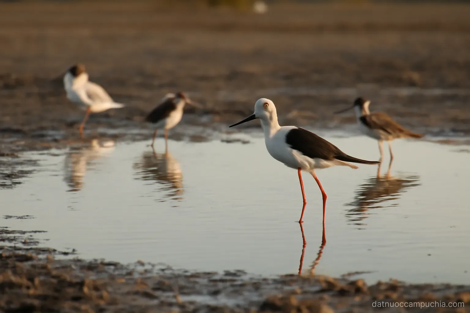 a shallow pool left on wet flat land with birds standing in it under late afternoon light
