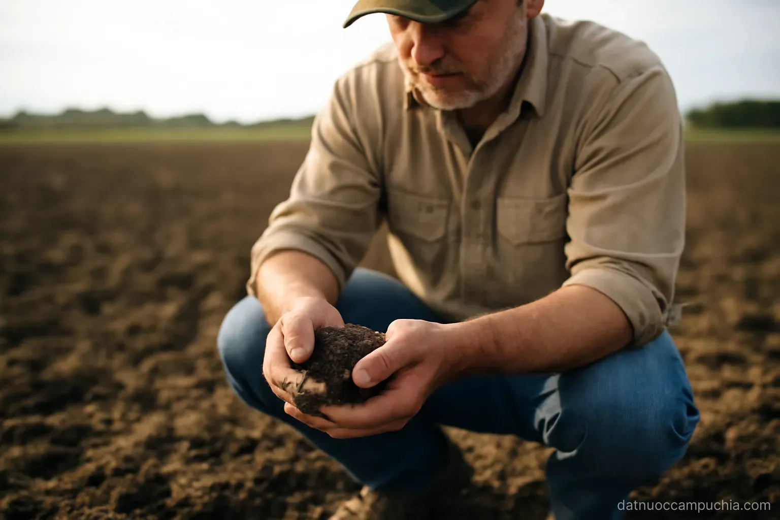 a farmer squatting to press a handful of dark moist soil between his fingers in an open field