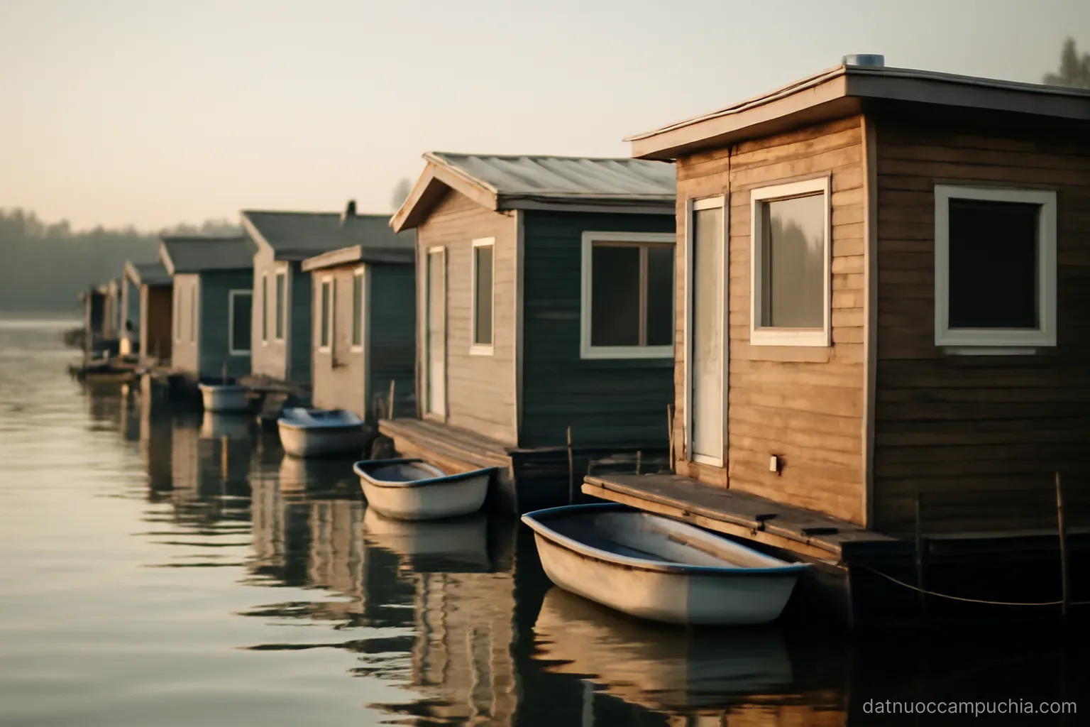 a row of floating homes tethered together on calm water with small boats moored between them