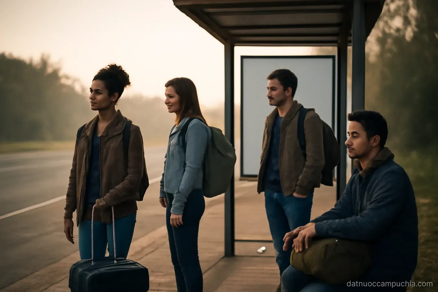 a group of travellers with bags waiting beside a roadside shelter early in the morning
