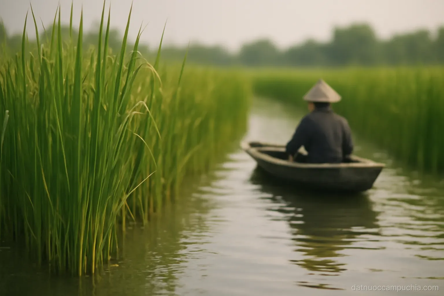 tall rice stalks rising out of standing water with a small boat moving slowly among them