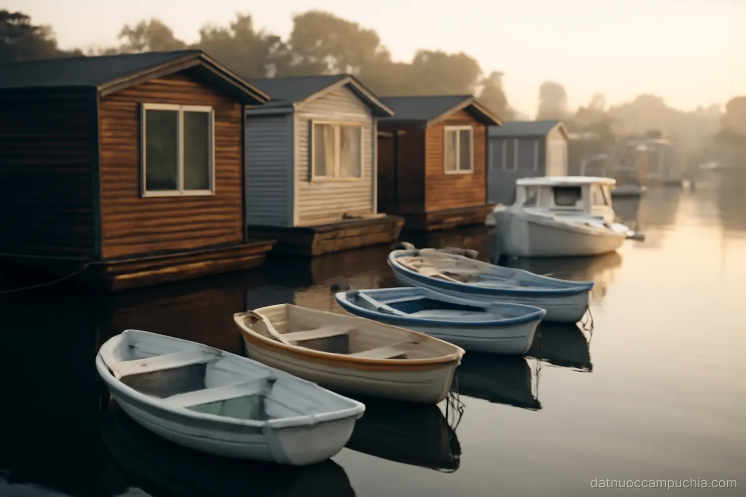 a cluster of small boats moored beside floating homes on calm water in soft morning light