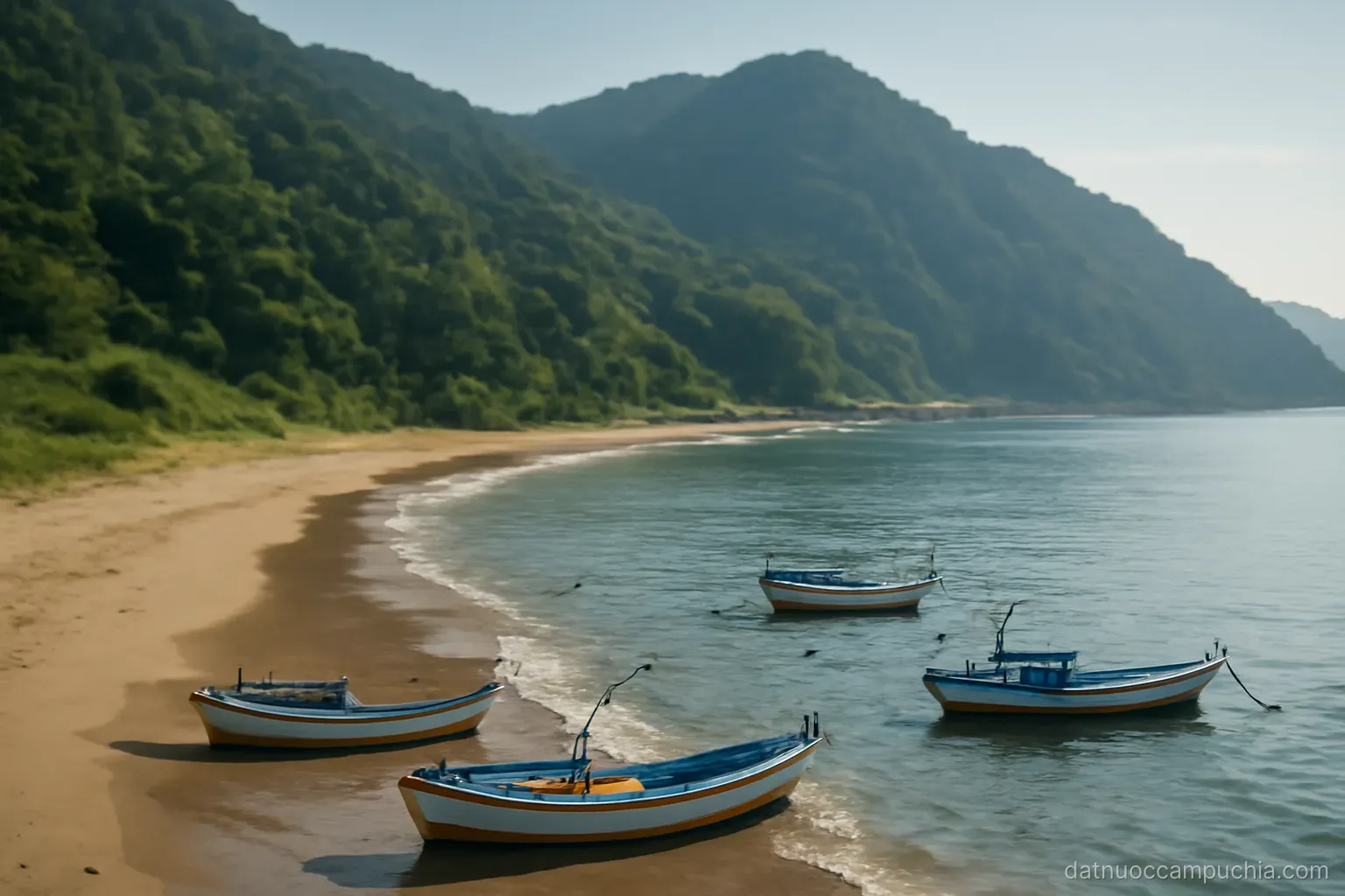 a narrow coastal plain between forested mountains and the sea with fishing boats near the shore