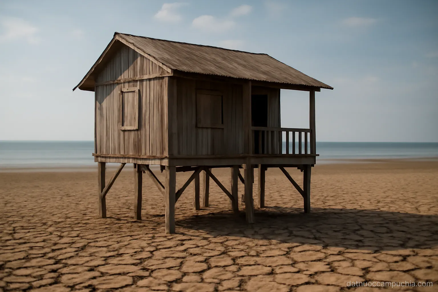 a wooden stilt house standing over dry cracked ground with water visible far in the distance