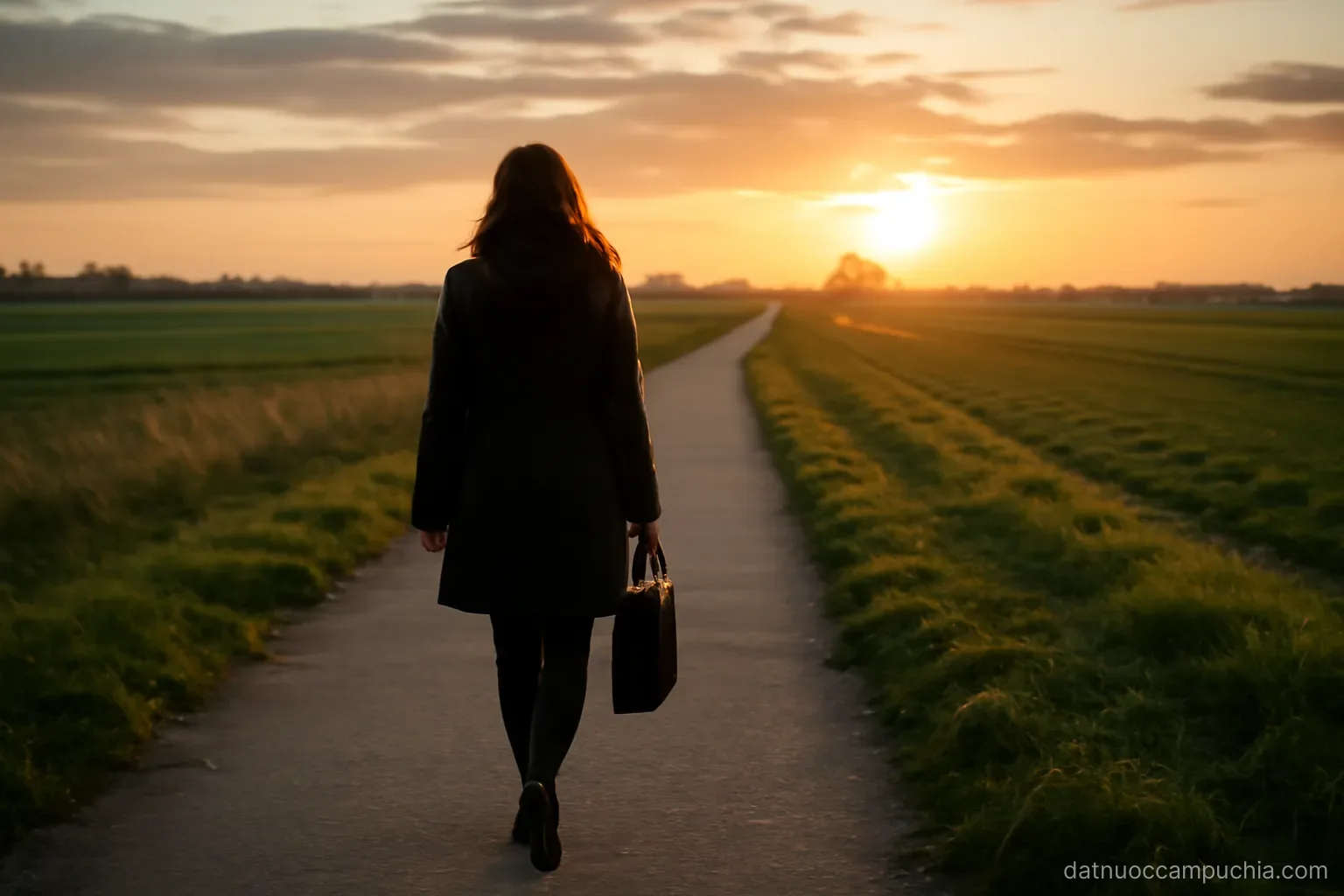 a woman walking home along a dyke at dusk carrying a work bag with fields on both sides