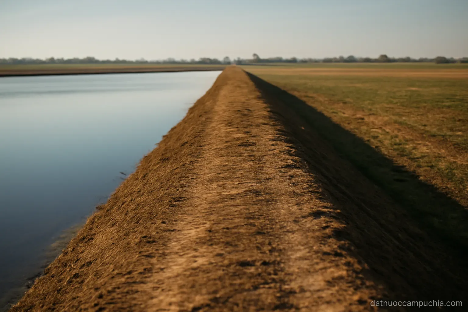 a long straight earthen embankment stretching across flat open country with still water lying on one side