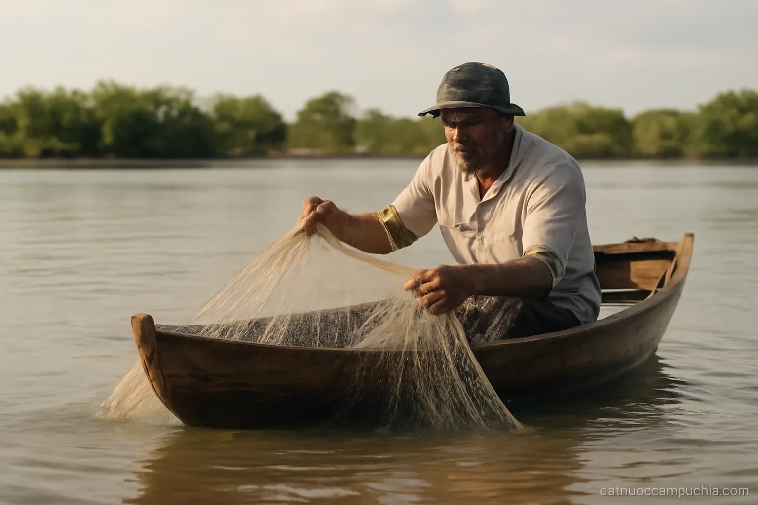 a small wooden boat with a fisherman hauling a net in shallow water near a line of low trees