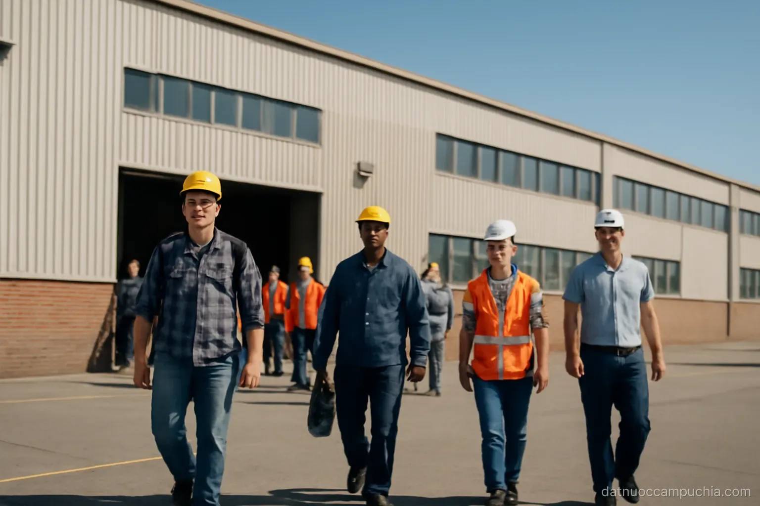 workers leaving a large low factory building at the end of a shift under bright afternoon light