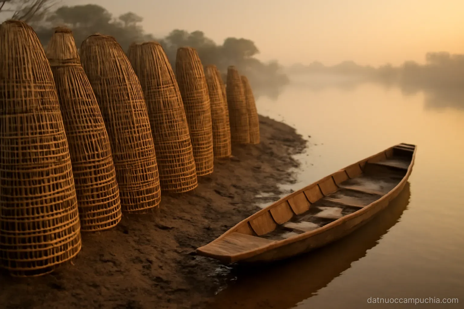 rows of bamboo fish traps stacked on a muddy bank beside a narrow wooden boat at dawn