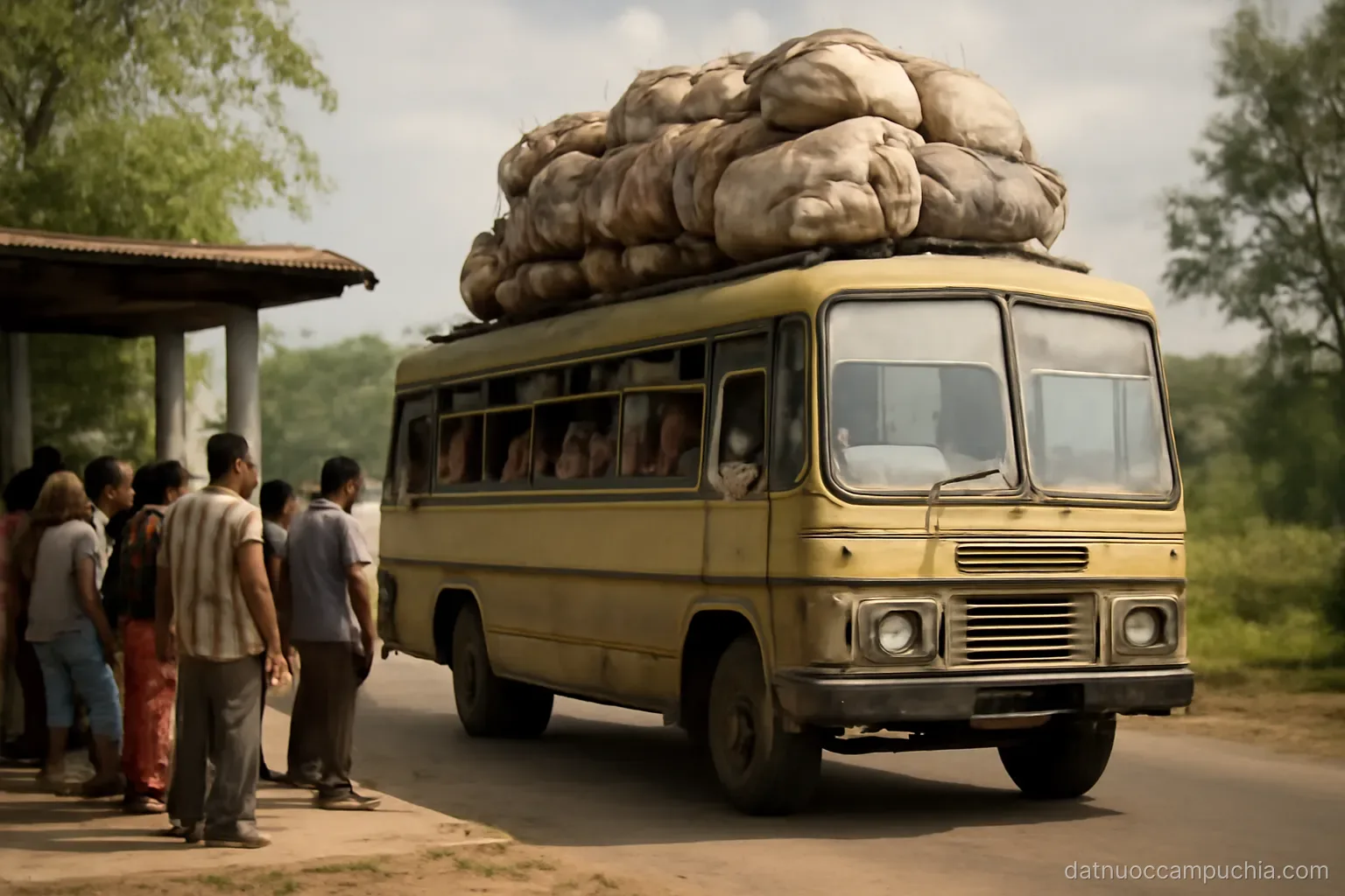 a crowded local bus with bundles tied on the roof pulling away from a rural roadside stop