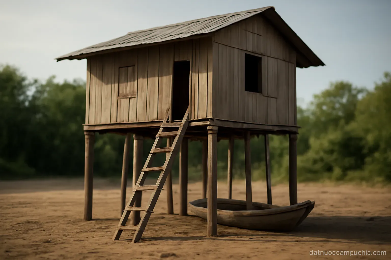 a tall stilt house with a ladder reaching down to dry ground and a boat resting underneath it