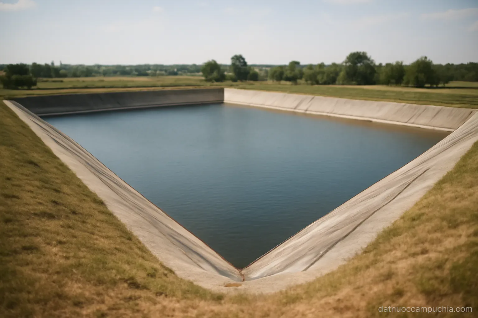a very large rectangular water basin with straight embanked sides seen from a raised bank