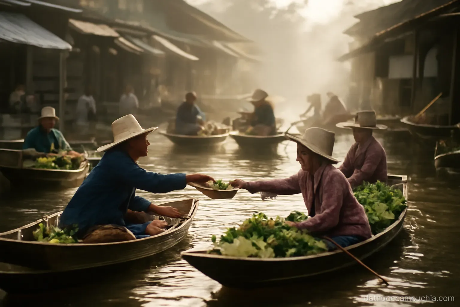 a small floating market with vendors passing goods between boats early in the morning
