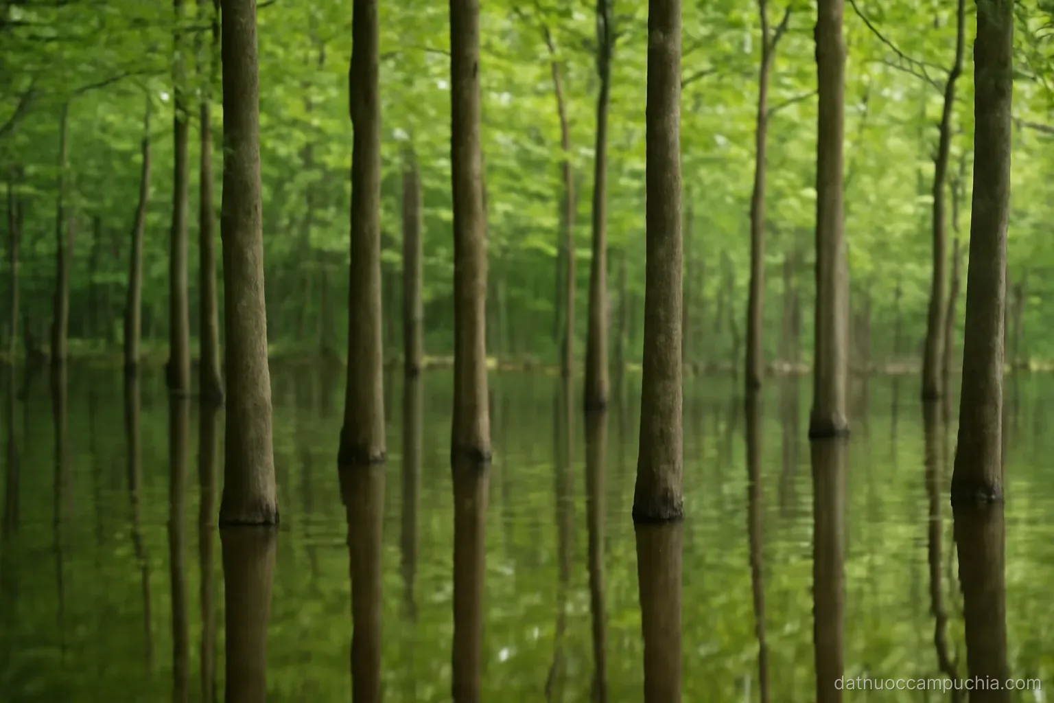 slender tree trunks standing in still shallow water with a green canopy above and clear reflections below