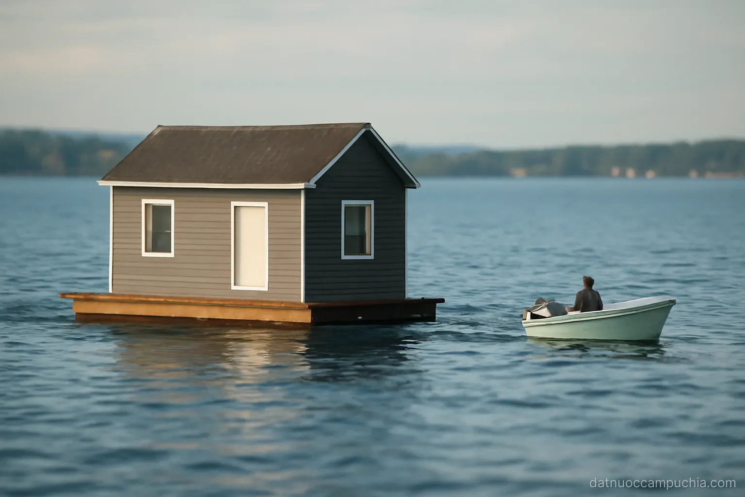 a floating house being towed slowly by a small boat across open water toward a distant shore