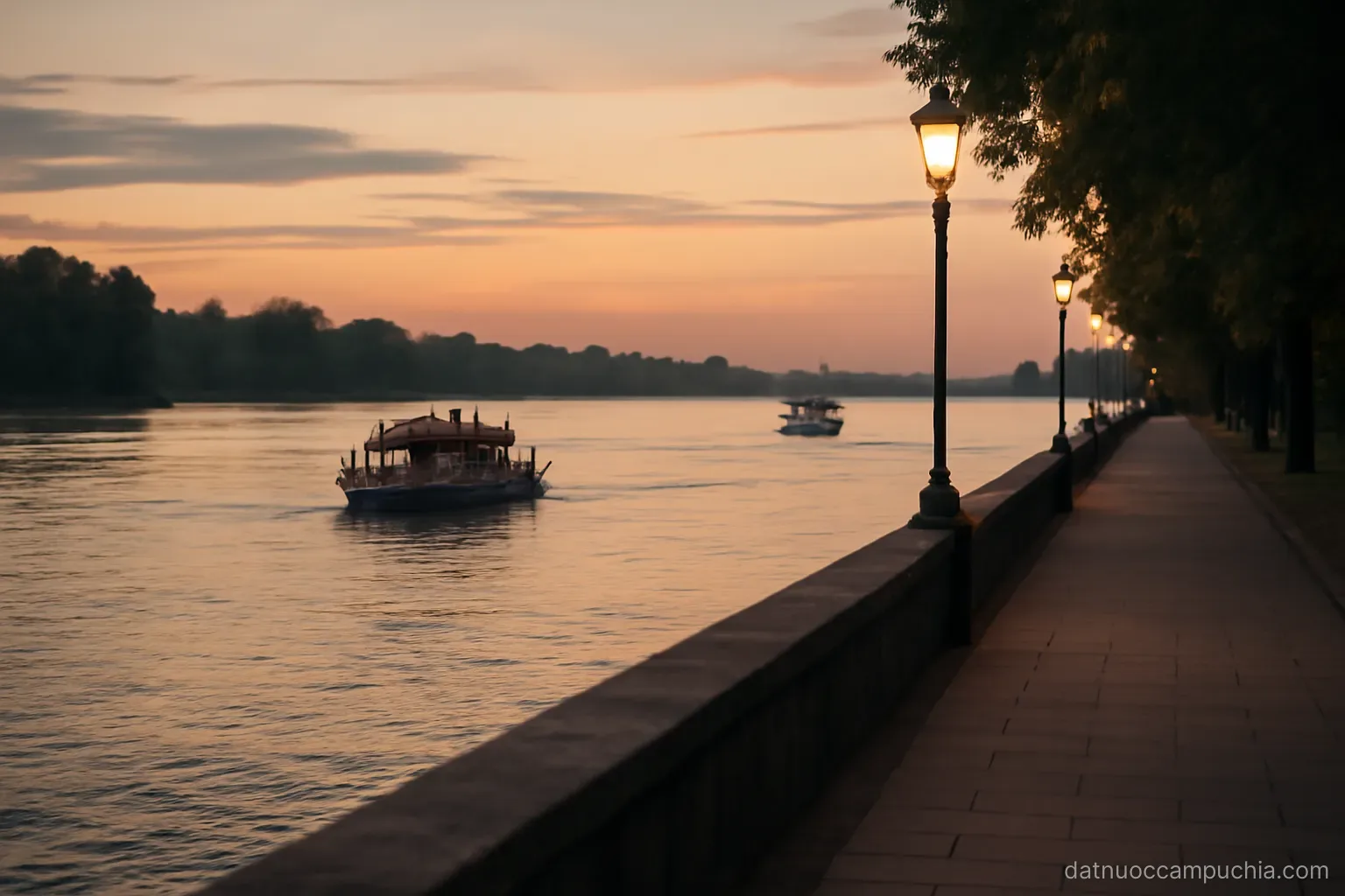 a broad river junction at dusk with a promenade along one bank and small ferries crossing