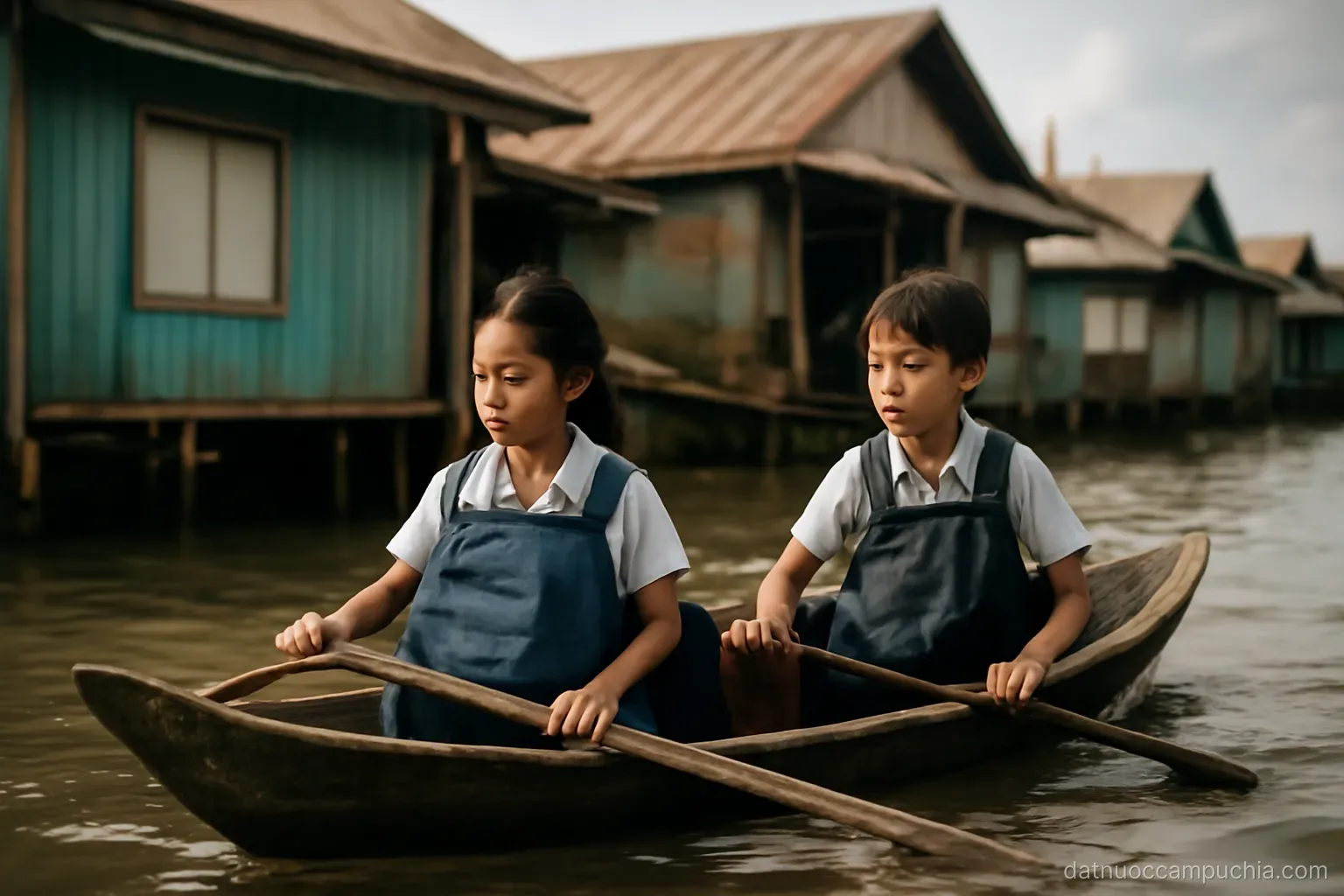two children in a small wooden boat paddling past floating homes with schoolbags resting on their laps