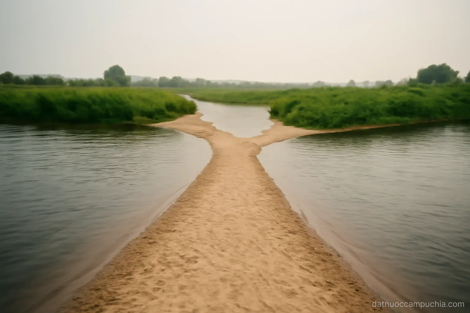 two channels of water joining at a flat sandy junction with low green banks under a hazy sky
