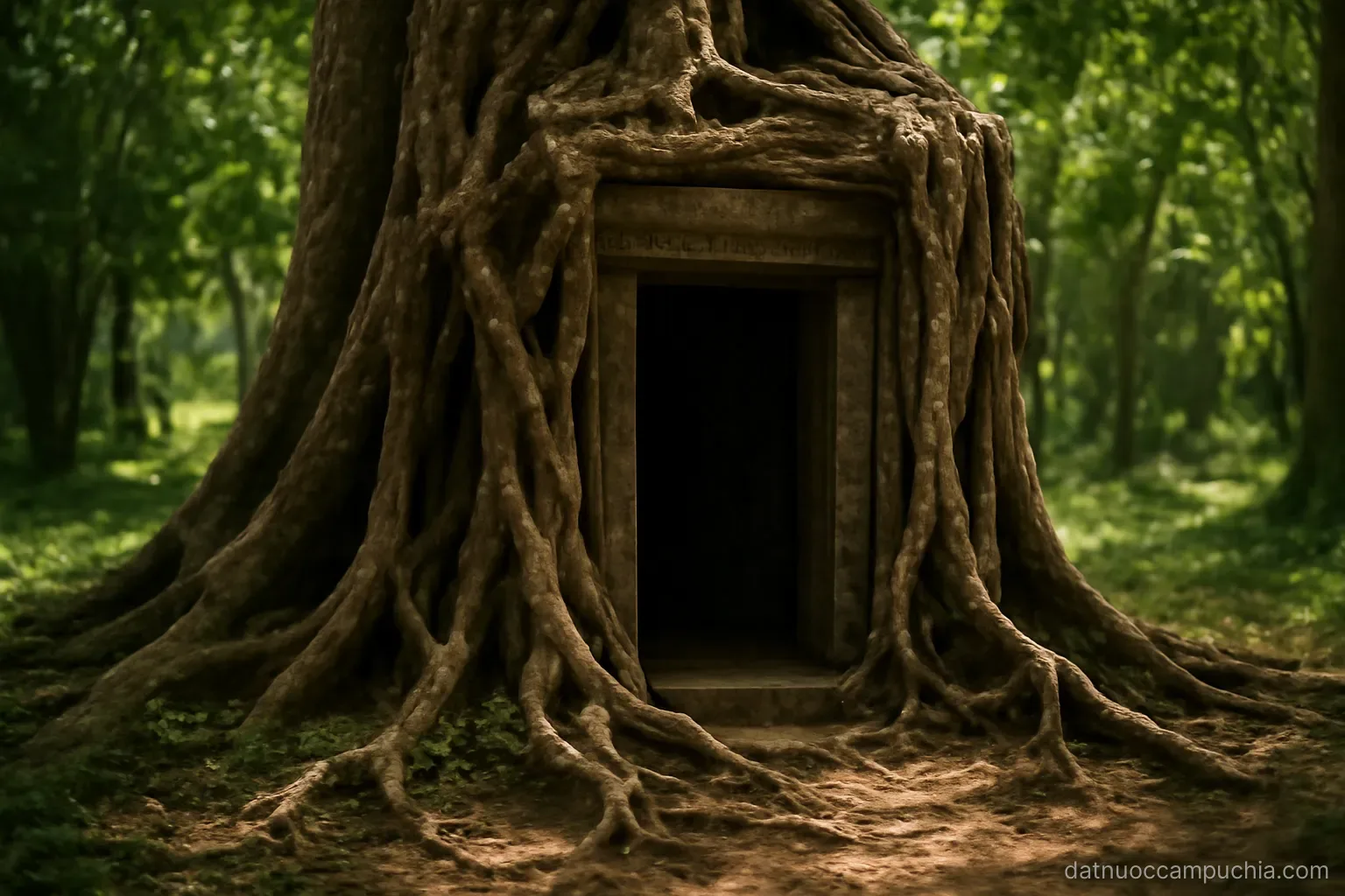 a stone doorway half swallowed by thick tree roots in a forest clearing with dappled light