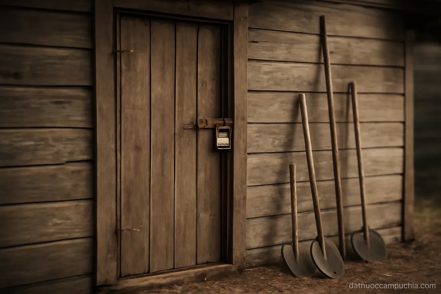 an empty wooden house with a padlocked door and tools leaning against the wall beneath it