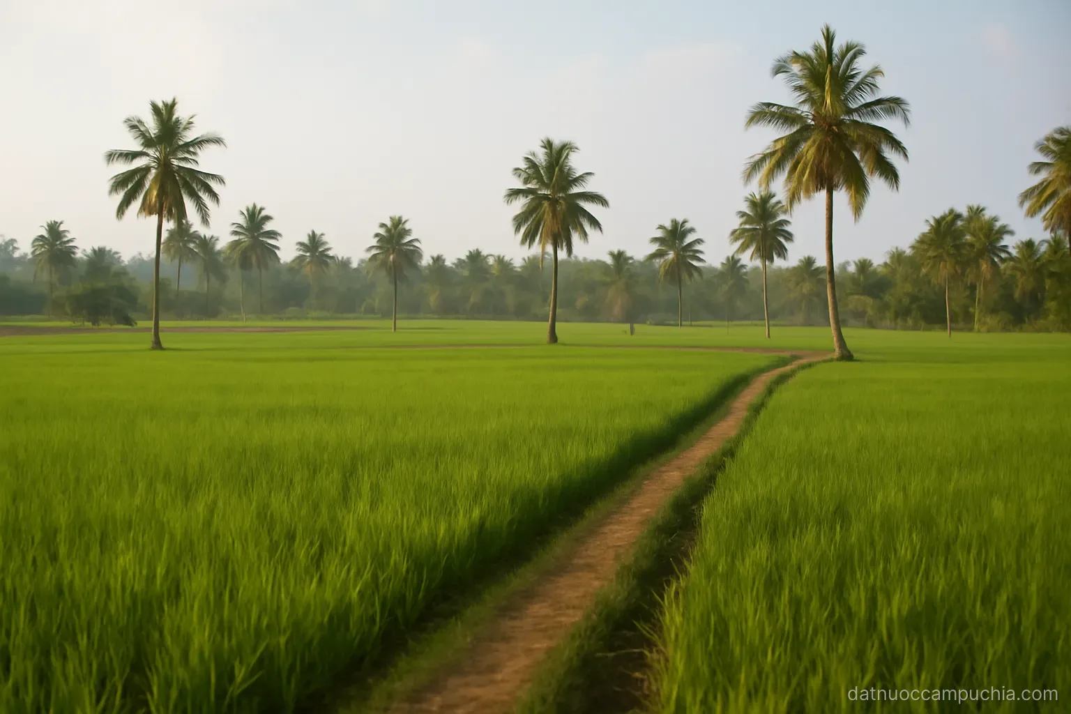 a flat green paddy landscape with scattered palm trees and a low earthen path running through it