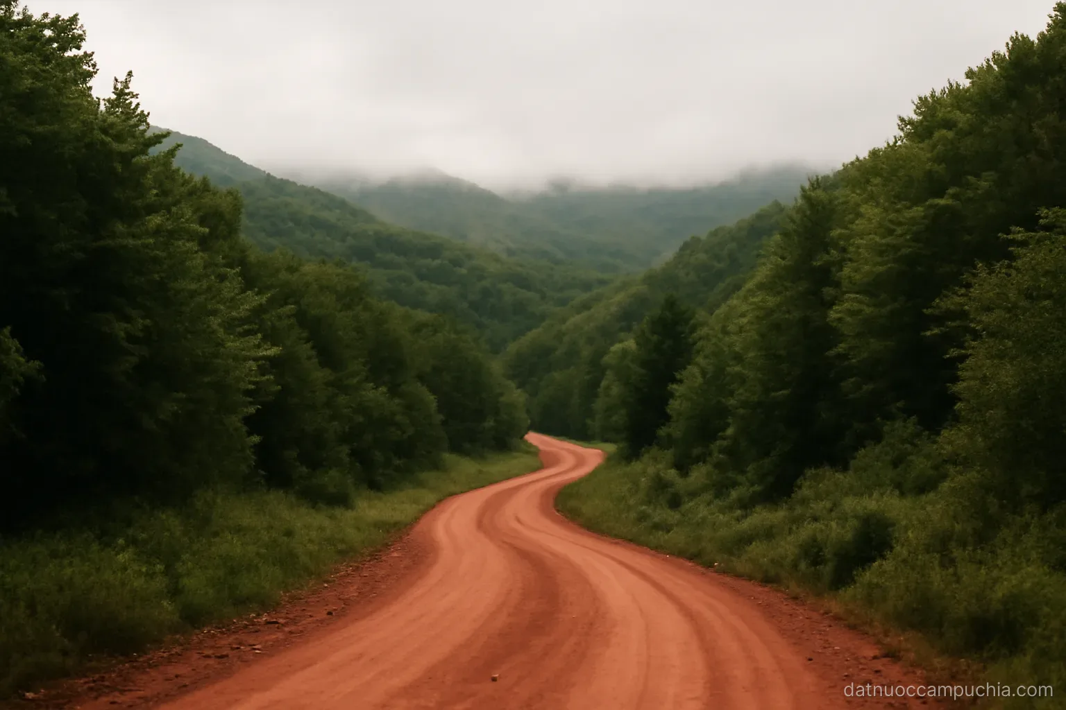 a red dirt track winding between forested hills with low cloud resting on the ridgeline