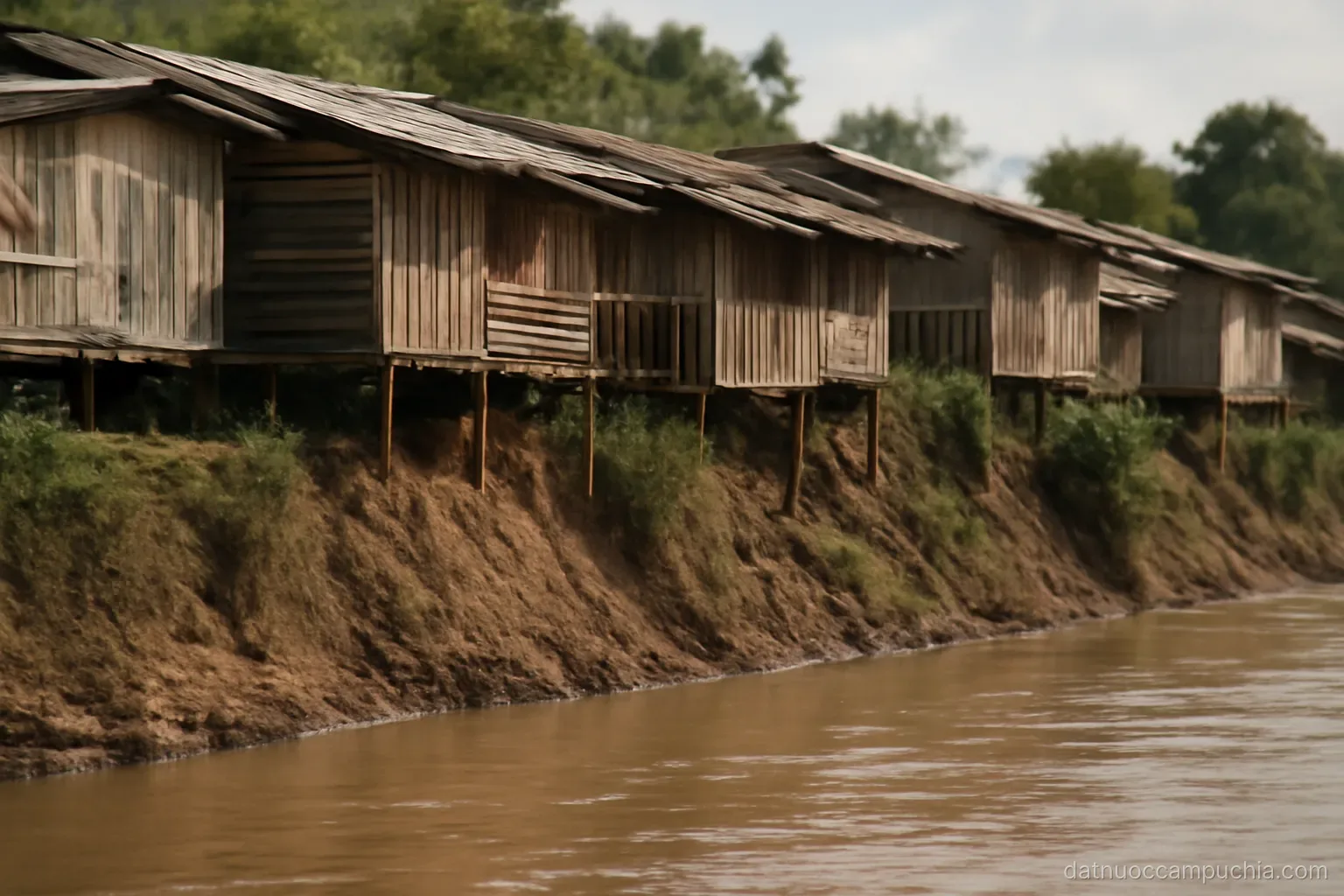 a riverside settlement with wooden houses lined along a steep earthen bank above flowing brown water